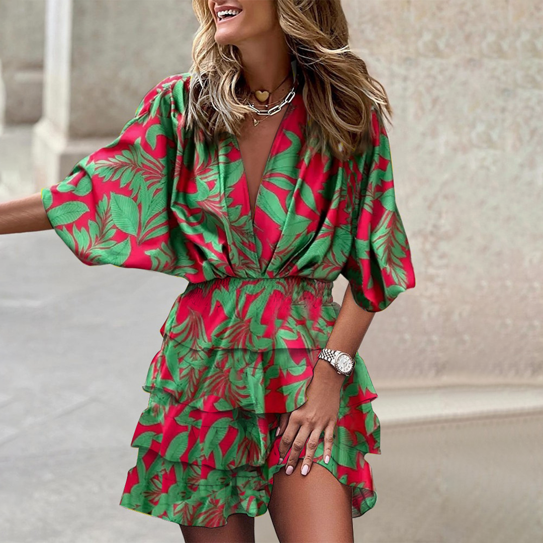 Stylish Mini Dress - Elena-Green flower-S-Nora Luxe