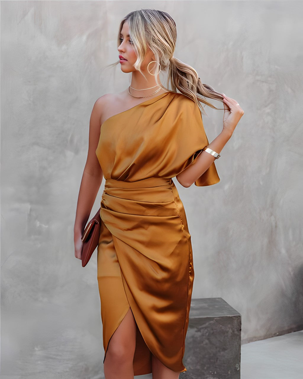 Stylish One-Shoulder Evening Dress - Celeste-Orange-S-Nora Luxe