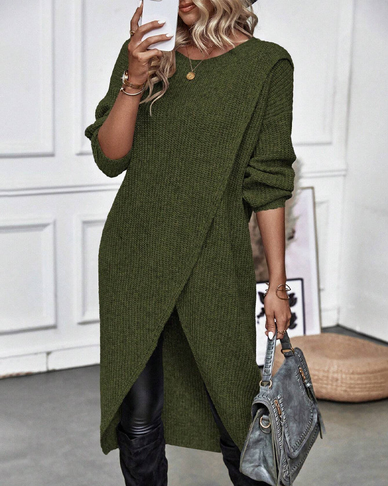 Stylish Plain Sweater Dress - Lina-Green-S-Nora Luxe
