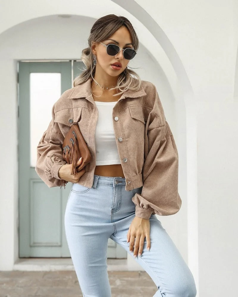 Stylish short denim jacket - Amira-Khaki-S-Nora Luxe