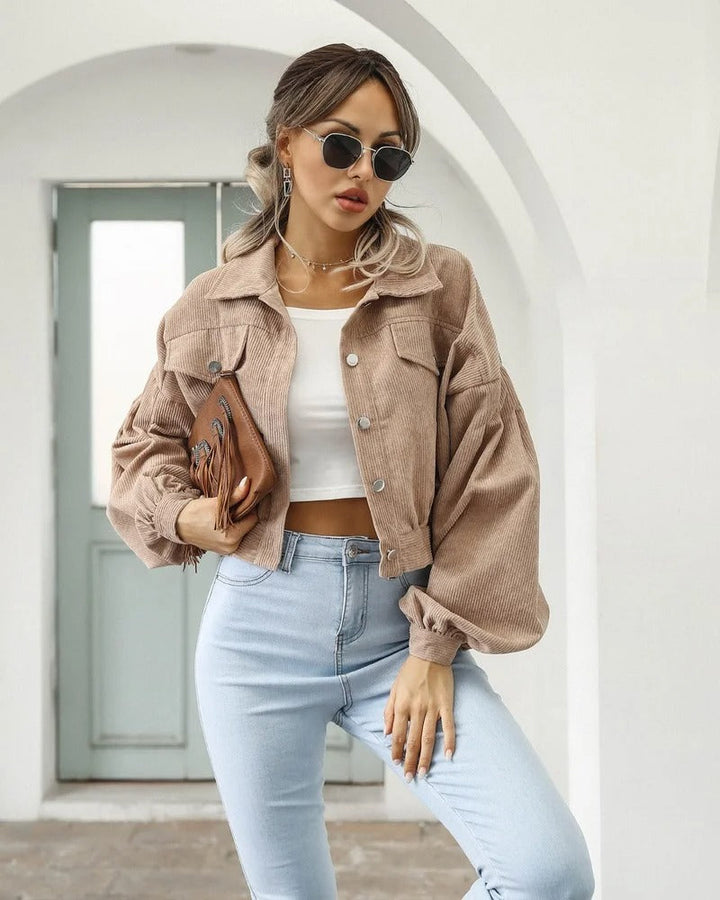Stylish short denim jacket - Amira-Khaki-S-Nora Luxe