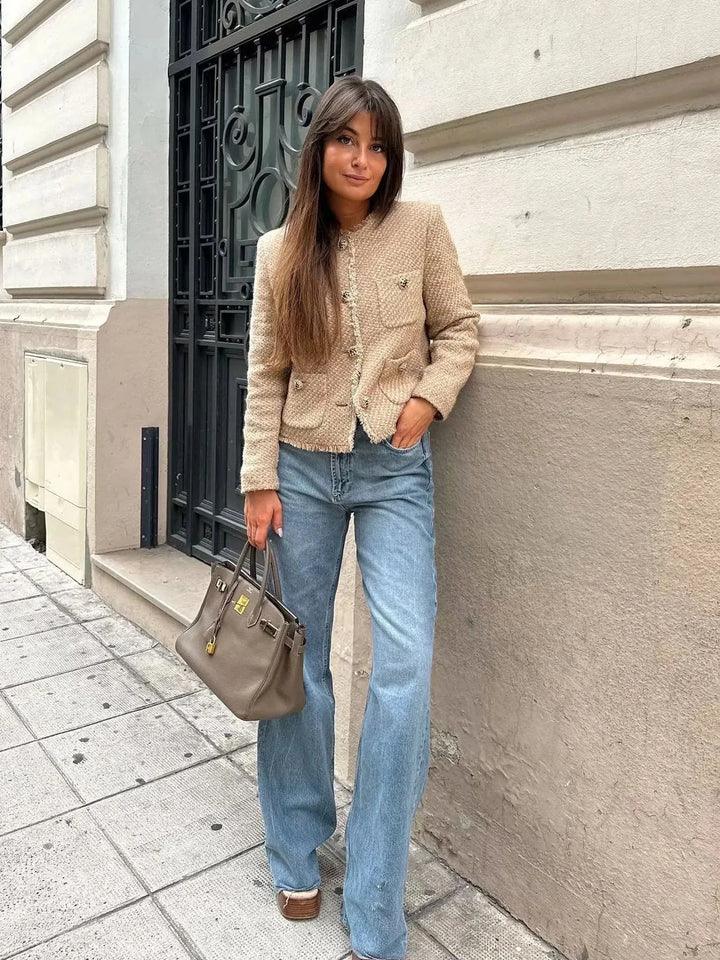 Stylish Short Jacket with Pockets - Lina-Khaki-XS-Nora Luxe