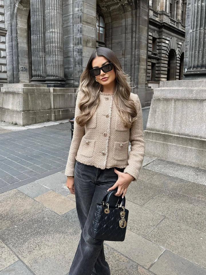 Stylish Short Jacket with Pockets - Lina-Khaki-XS-Nora Luxe