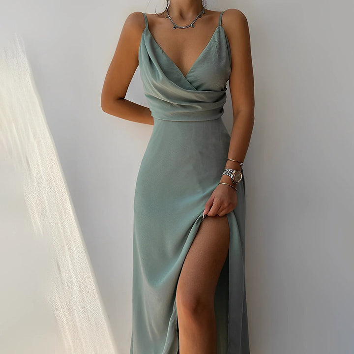 Stylish spaghetti strap dress – Elara-Green-S-Nora Luxe
