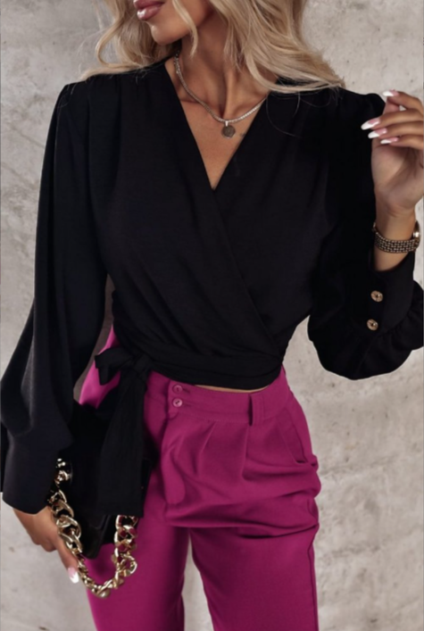 Stylish V-Neck Blouse with Puffed Sleeves - Mireille-Black-S-Nora Luxe