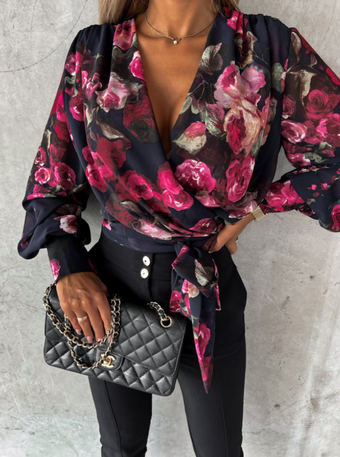 Stylish V-Neck Blouse with Puffed Sleeves - Mireille-Flower Print-S-Nora Luxe