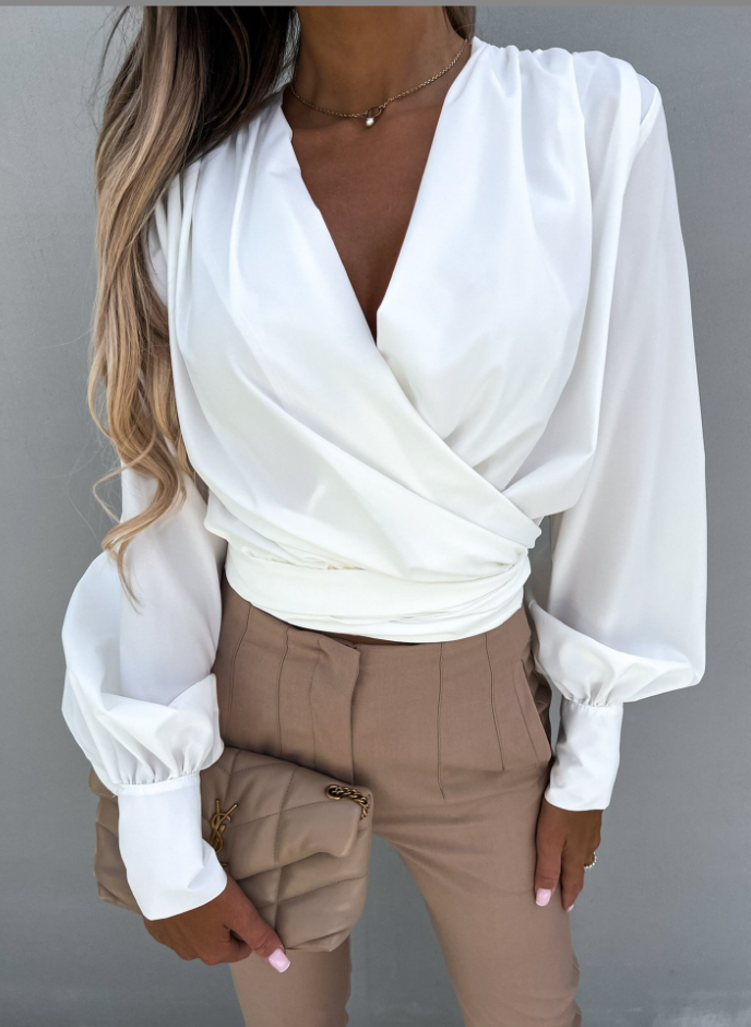 Stylish V-Neck Blouse with Puffed Sleeves - Mireille-White-S-Nora Luxe
