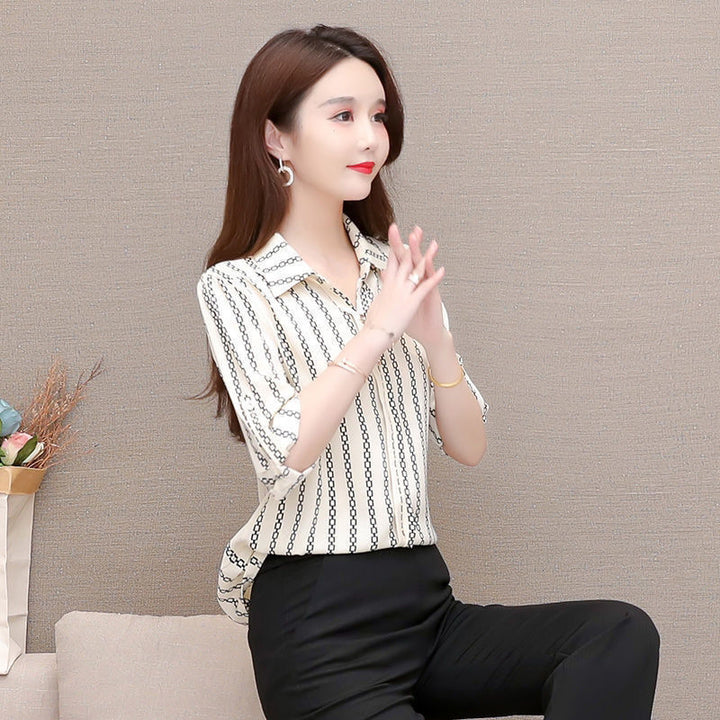 Stylish women's chiffon blouse with buttons & fold-over collar – Fenya-Cream white-L-Nora Luxe