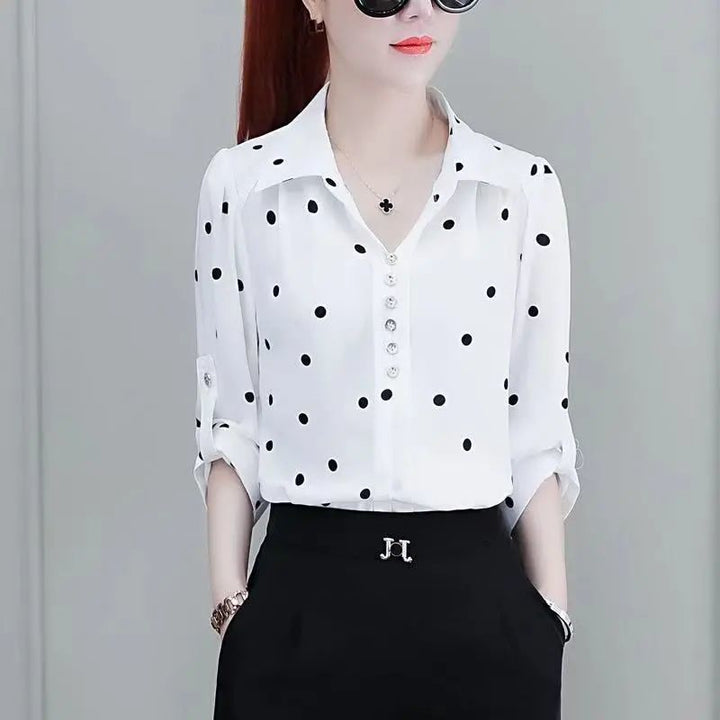 Stylish women's chiffon blouse with buttons & fold-over collar – Fenya-White-L-Nora Luxe