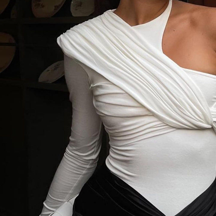Stylish women's long-sleeve bodysuit with drape effect & figure-hugging cut – Mira-White-M-Nora Luxe