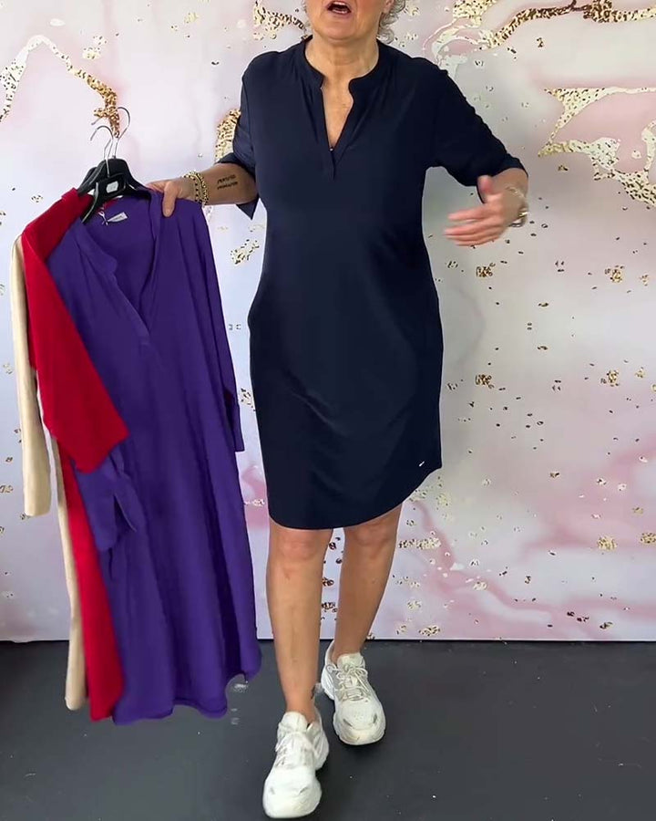 Stylish women's midi dress with V-neck and convertible sleeves – Naria-Navy blue-S-Nora Luxe