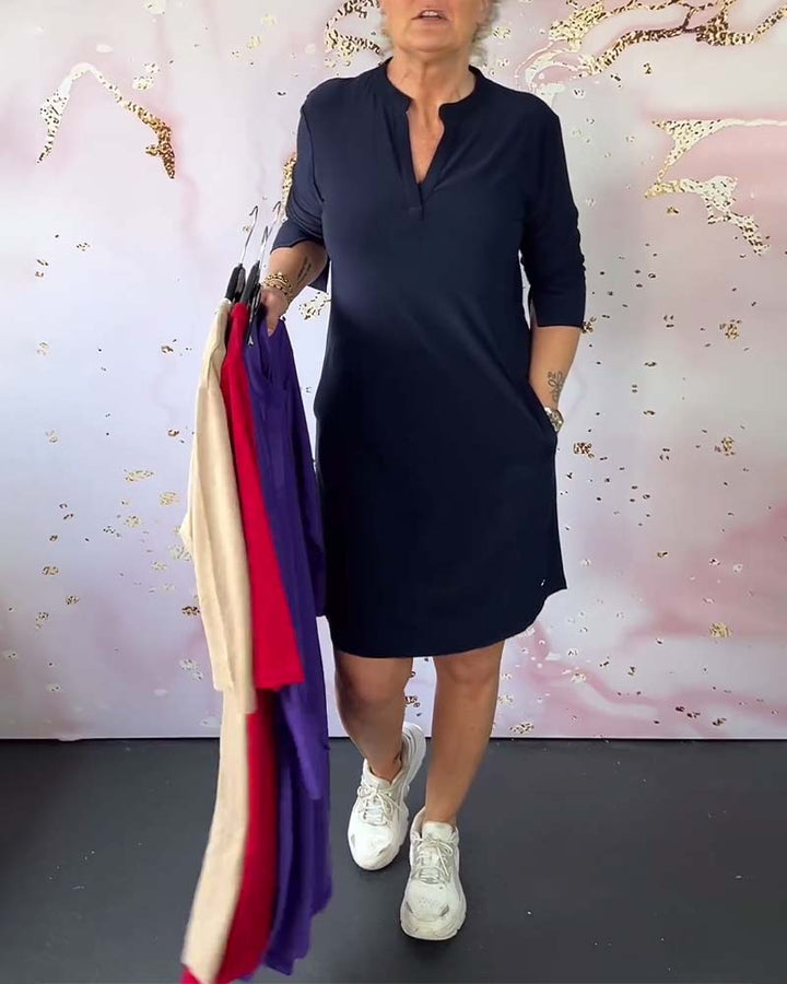Stylish women's midi dress with V-neck and convertible sleeves – Naria-Navy blue-S-Nora Luxe