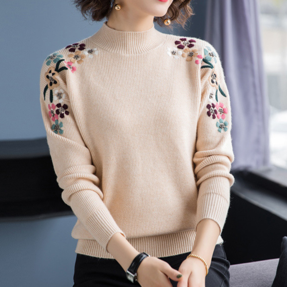 Stylish Women's Sweater with Floral Print - Isabeau-Khaki-XS-Nora Luxe