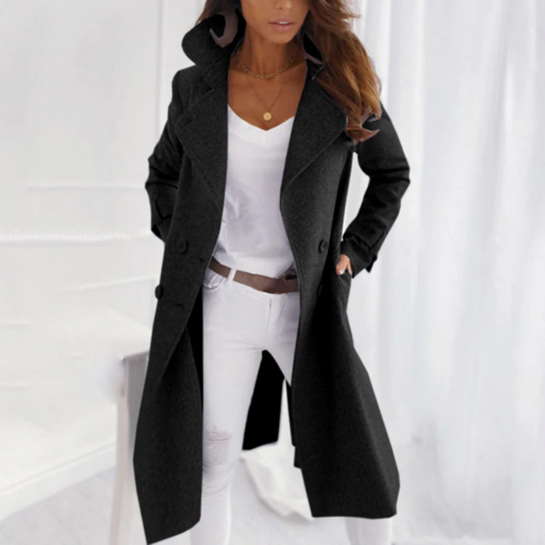 Stylish Wool Women's Coat with Turned-Up Collar - Elena-Black-S-Nora Luxe