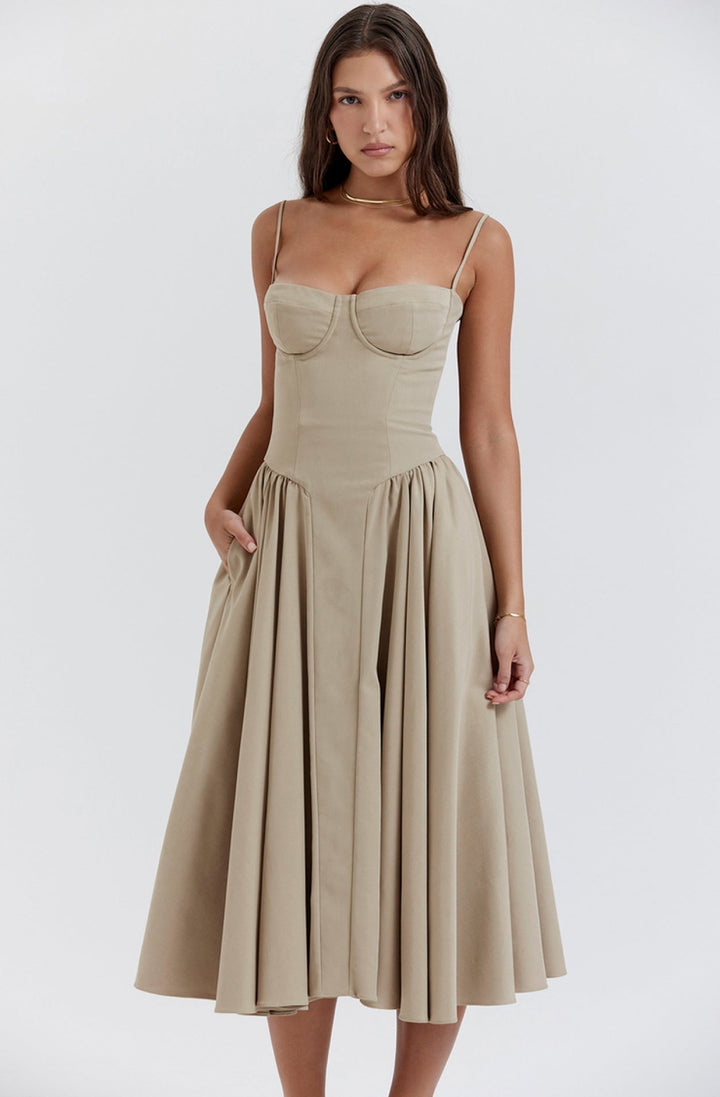 Summer dress with Sweetheart Neckline – Elvira-Taupe-S-The Livary