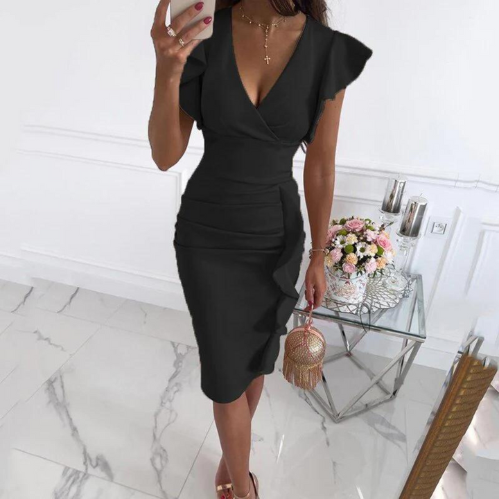 Summer Midi Dress with V-Neck and Fitted Shape – Livia-Black-S-State of Style