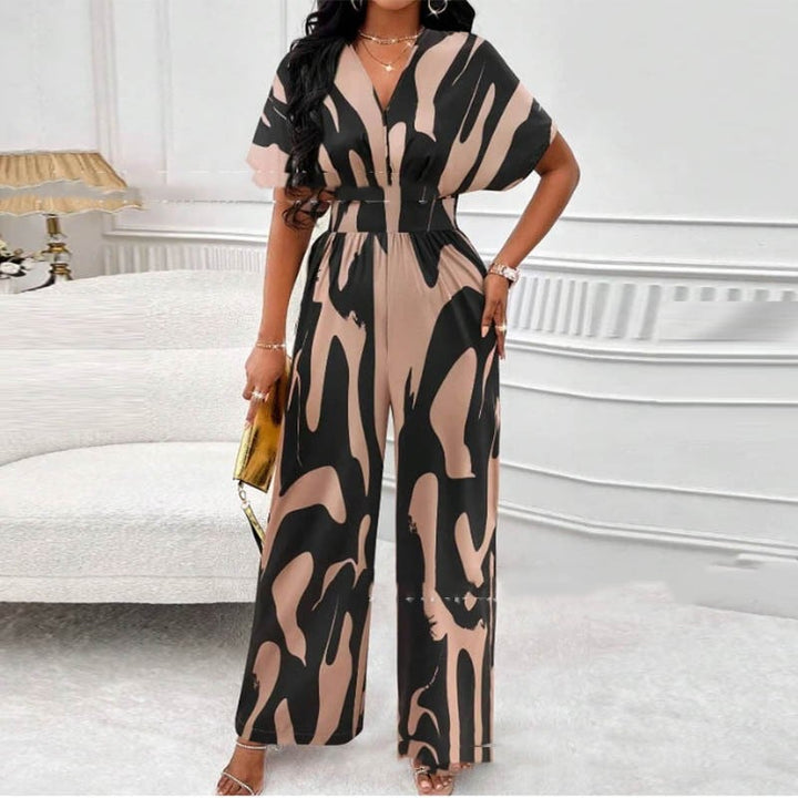 Summery print jumpsuit with V-neck – Noemi-Khaki Black-S-Nora Luxe