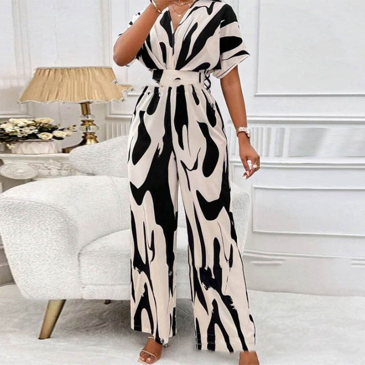 Summery print jumpsuit with V-neck – Noemi-White Black-S-Nora Luxe