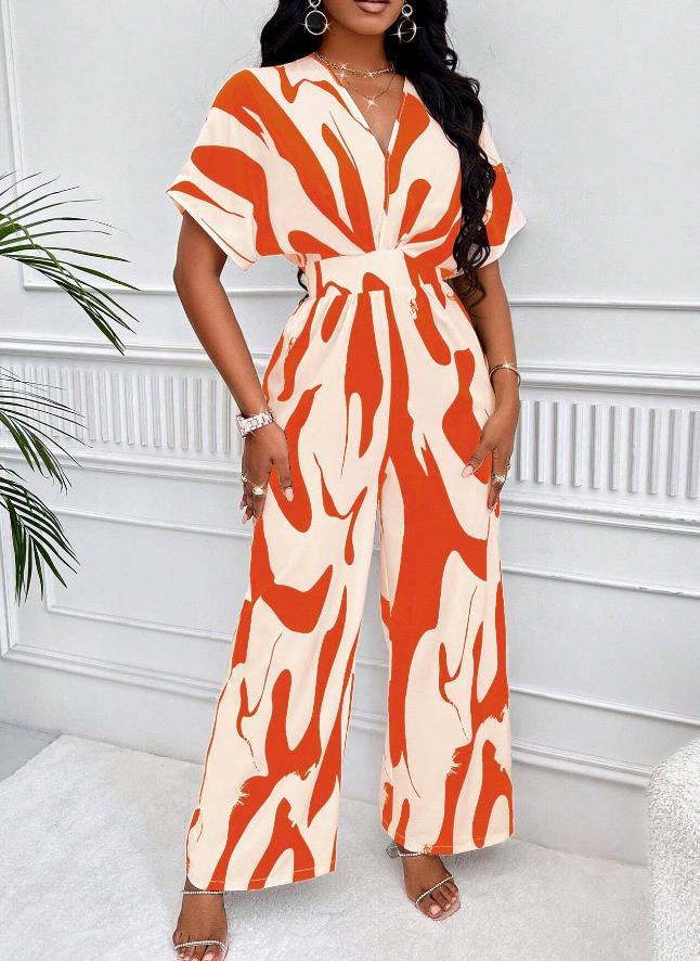 Summery print jumpsuit with V-neck – Noemi-White Orange-S-Nora Luxe
