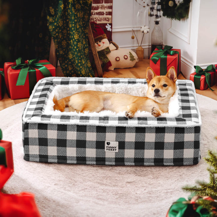 Super soft Checked Dog Bed - Scottish Snuggle Bed-Black-M-Nora Luxe