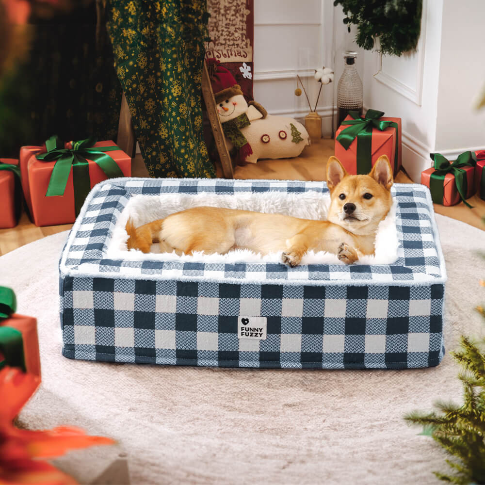 Super soft Checked Dog Bed - Scottish Snuggle Bed-Blue-M-Nora Luxe