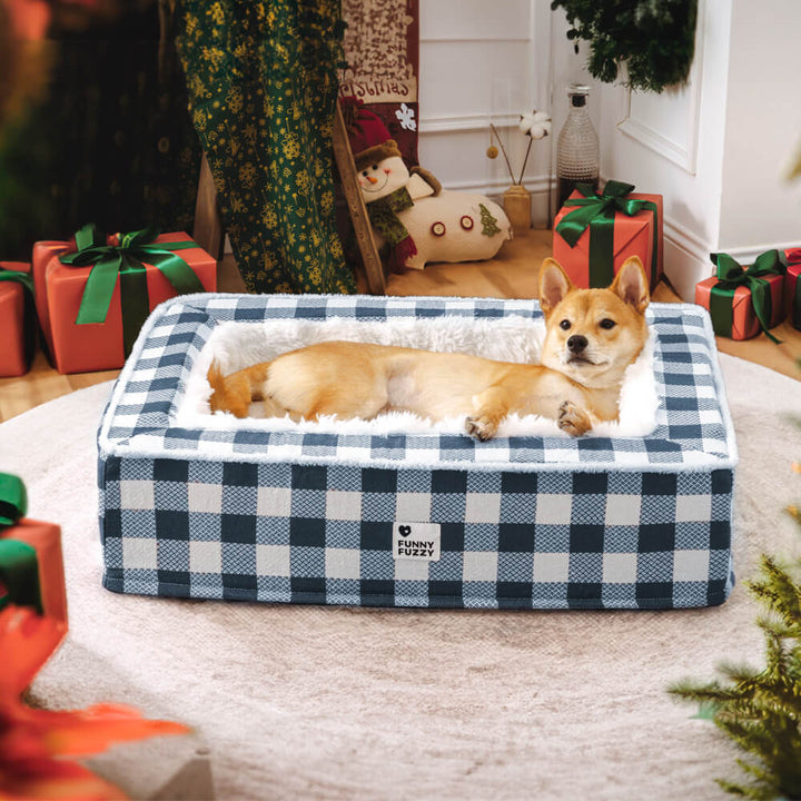 Super soft Checked Dog Bed - Scottish Snuggle Bed-Blue-M-Nora Luxe
