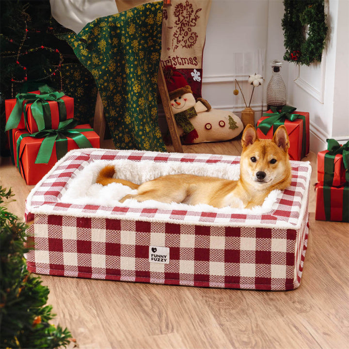 Super soft Checked Dog Bed - Scottish Snuggle Bed-Red-M-Nora Luxe