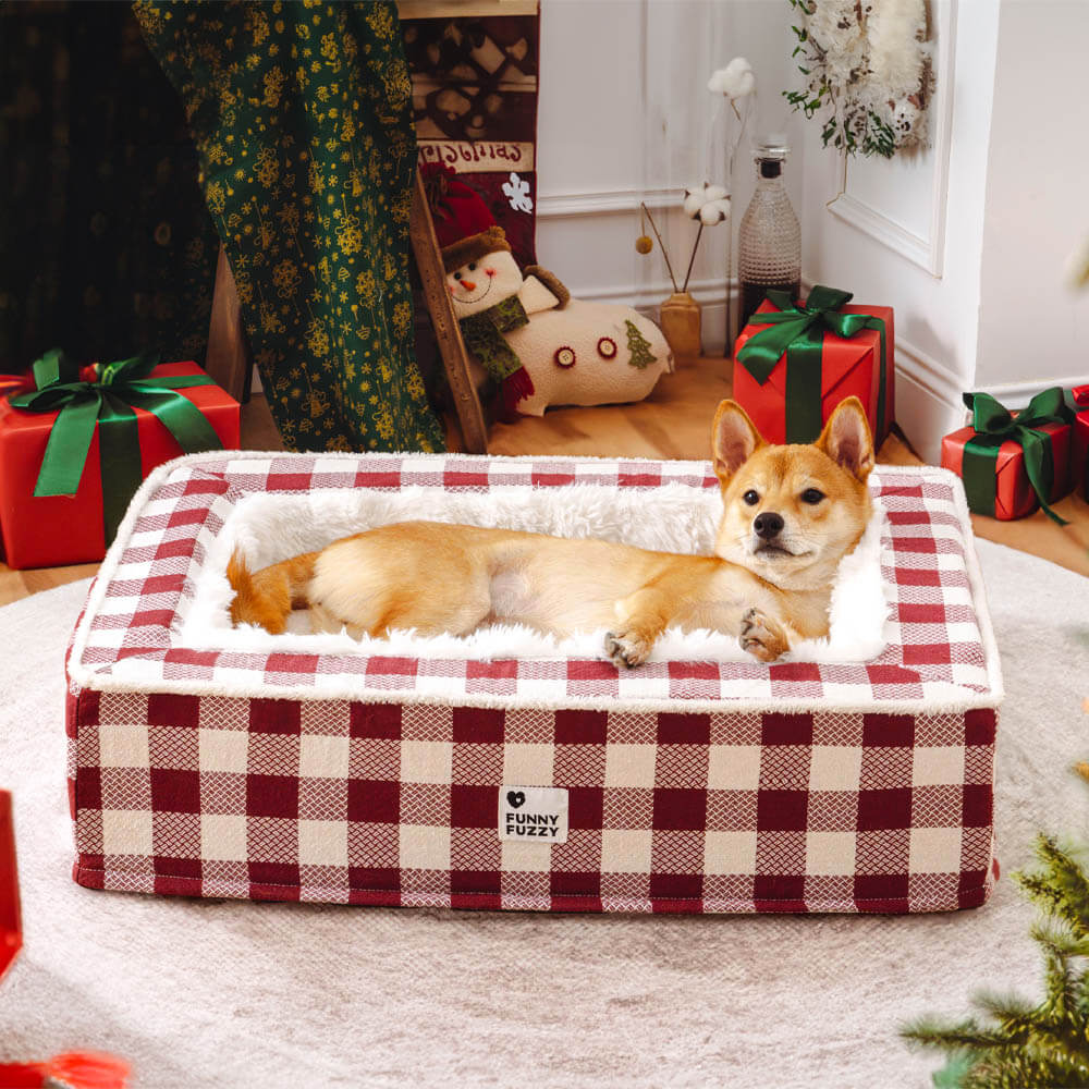 Super soft Checked Dog Bed - Scottish Snuggle Bed-Red-M-Nora Luxe