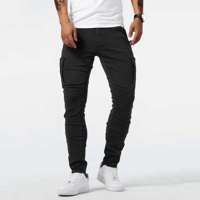 Super-Stretch Cargo Trousers | Arno Men's Cargo Jeans-Black-S-Nora Luxe