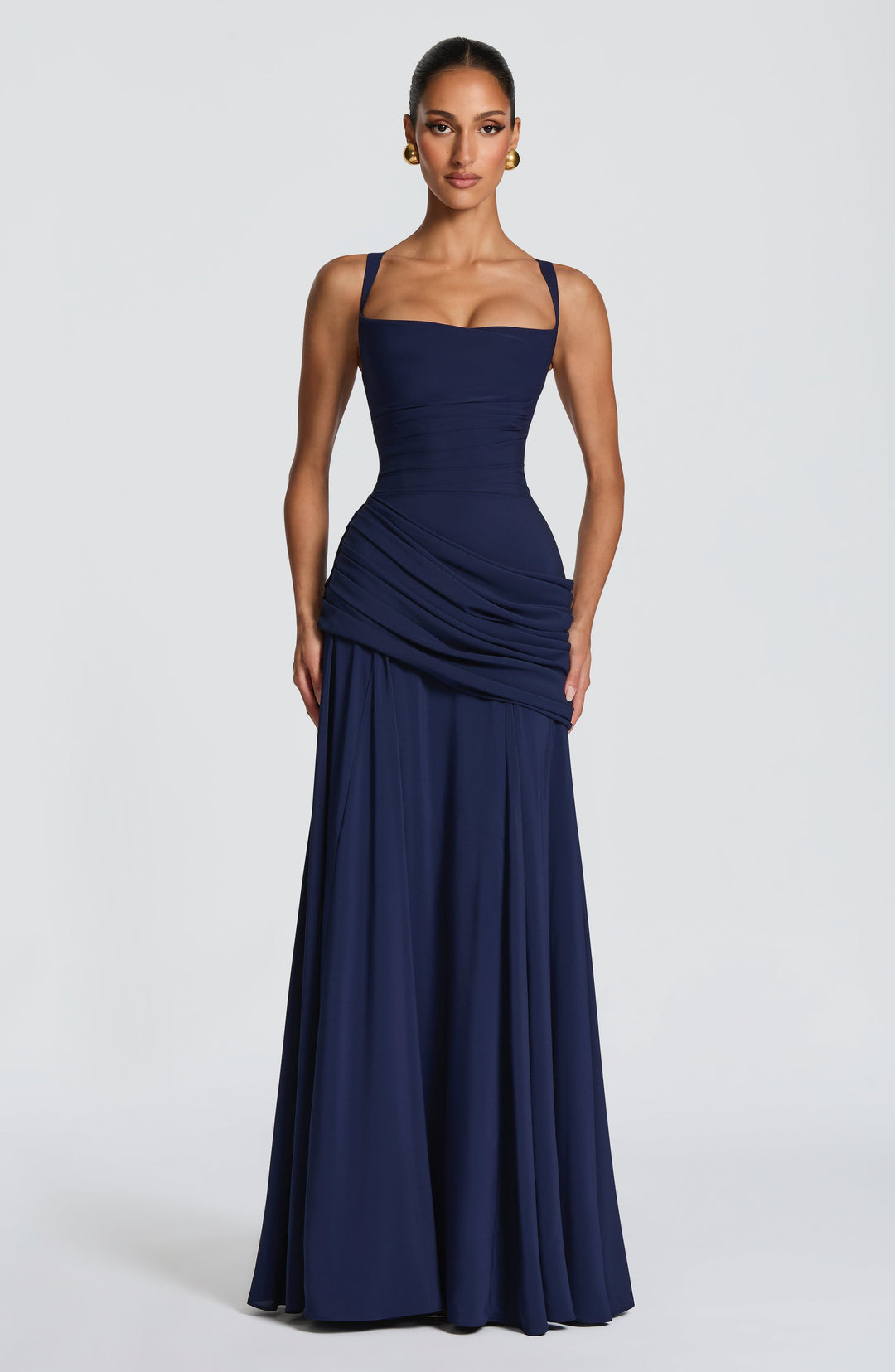 Navy blue version of the chiffon maxi dress, front view with square neckline, ruched waist and draped hip.