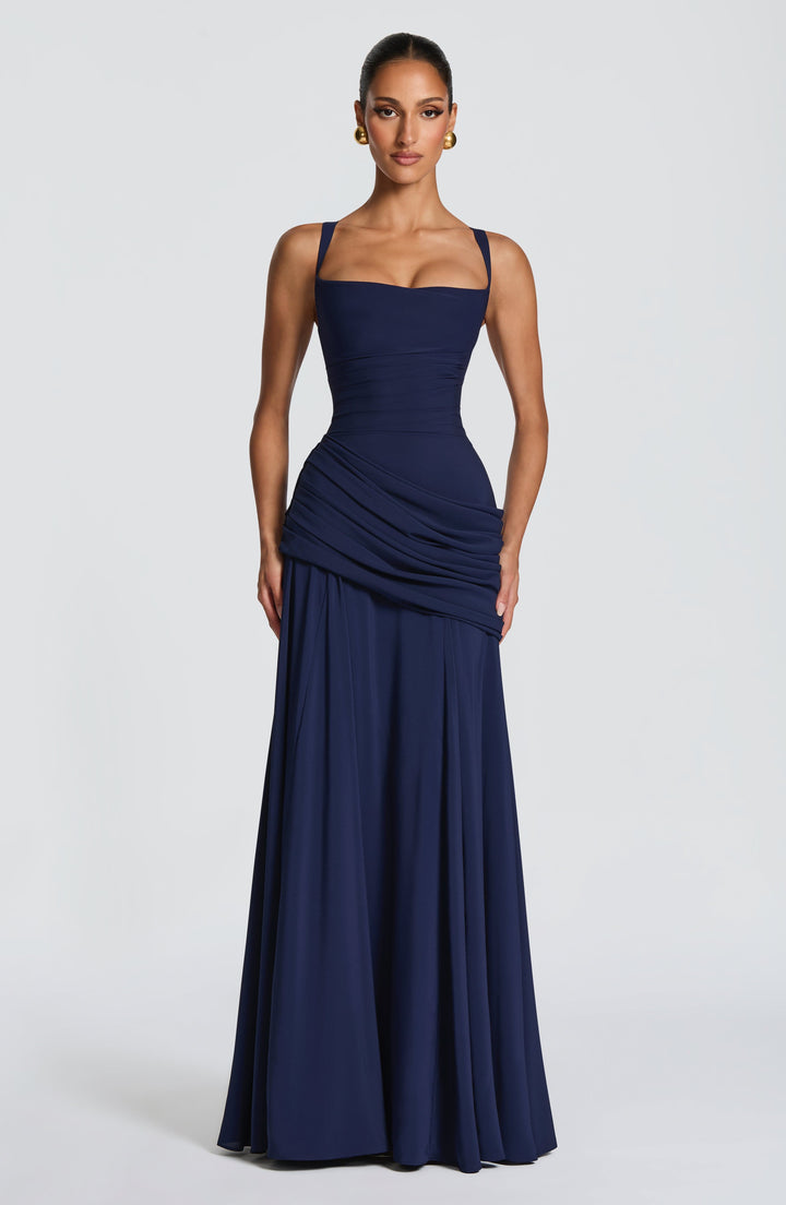 Navy blue version of the chiffon maxi dress, front view with square neckline, ruched waist and draped hip.