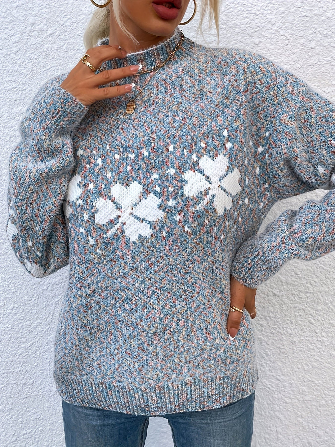 Sweater with Four-leaf Clover Pattern - Maeve-Pink-S-Nora Luxe