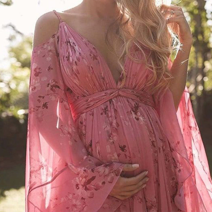 Swinging Pink Chiffon Dress with Flared Sleeves - Isabelle-S-The Livary
