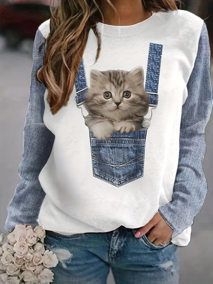 T-shirt with Cat Print and Trendy Colour Block Details - Celeste-S-Nora Luxe