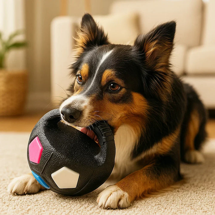 Black, tan and white dog chewing on the ball's handle while lying on a beige carpet.