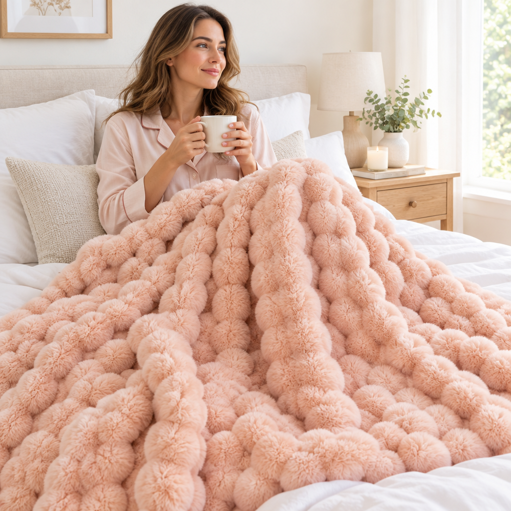 Smiling woman in pajamas holding a mug in bed under a blush pink pom-pom textured throw 1