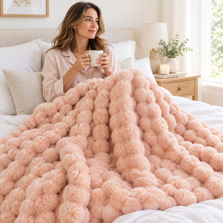 Smiling woman in pajamas holding a mug in bed under a blush pink pom-pom textured throw 1