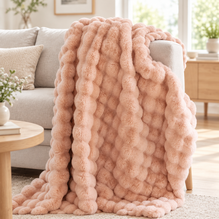 Blush pink bubble-textured plush blanket draped over a sofa arm in a sunny living room 14