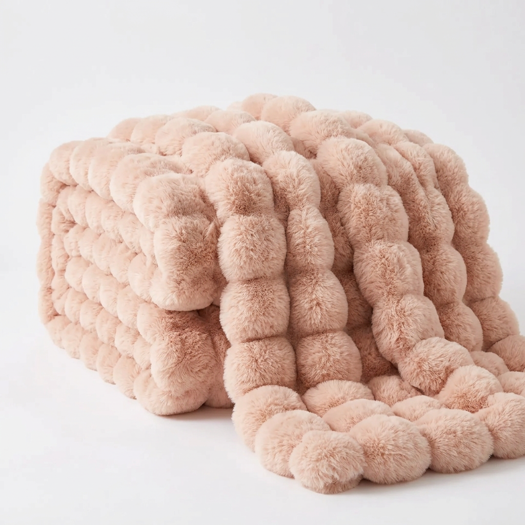 Pink plush throw folded with large puffy rounded bubbles, draped on a white background 17