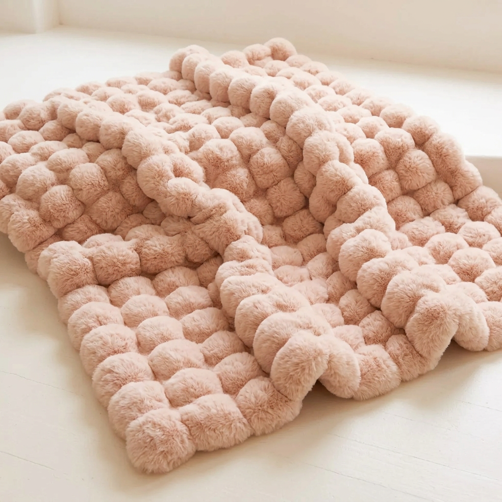 Blush-pink pom-pom style plush blanket spread out on a white floor 15