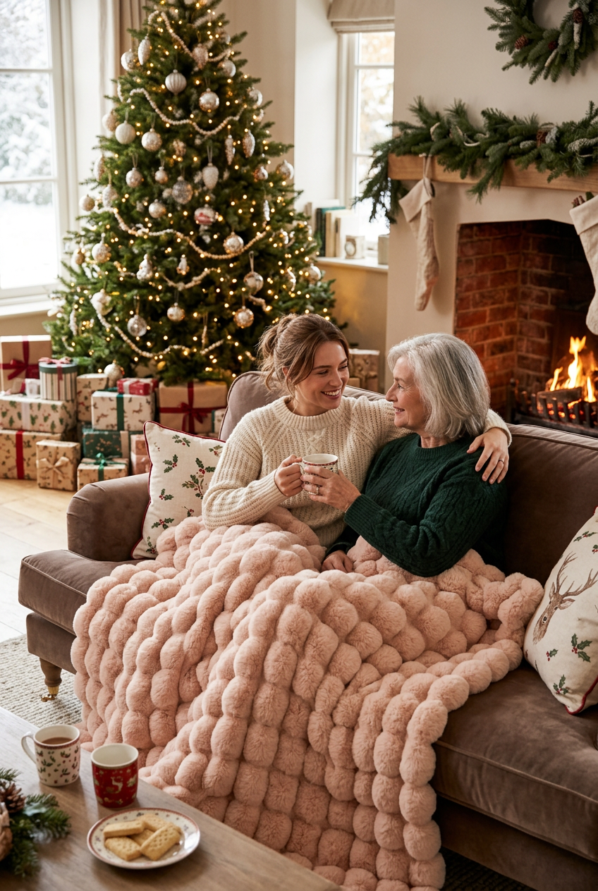 Two women share a pale pink bubble-textured faux fur throw on a sofa by a decorated Christmas tree 1