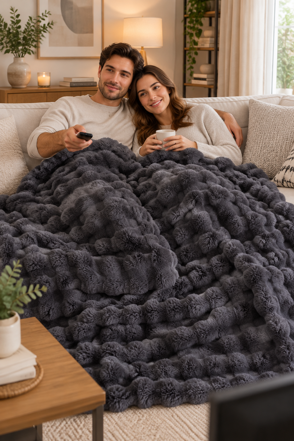 Couple cuddled on a sofa under a large dark gray plush throw, holding a remote and mug 1