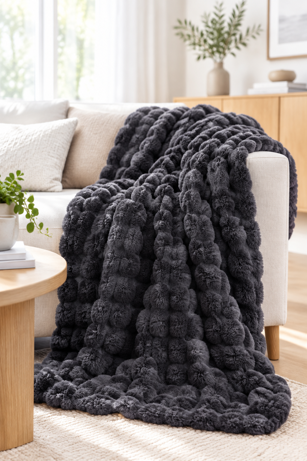 Dark charcoal bubble-textured plush blanket draped over a cream sofa arm beside a wooden coffee table 13