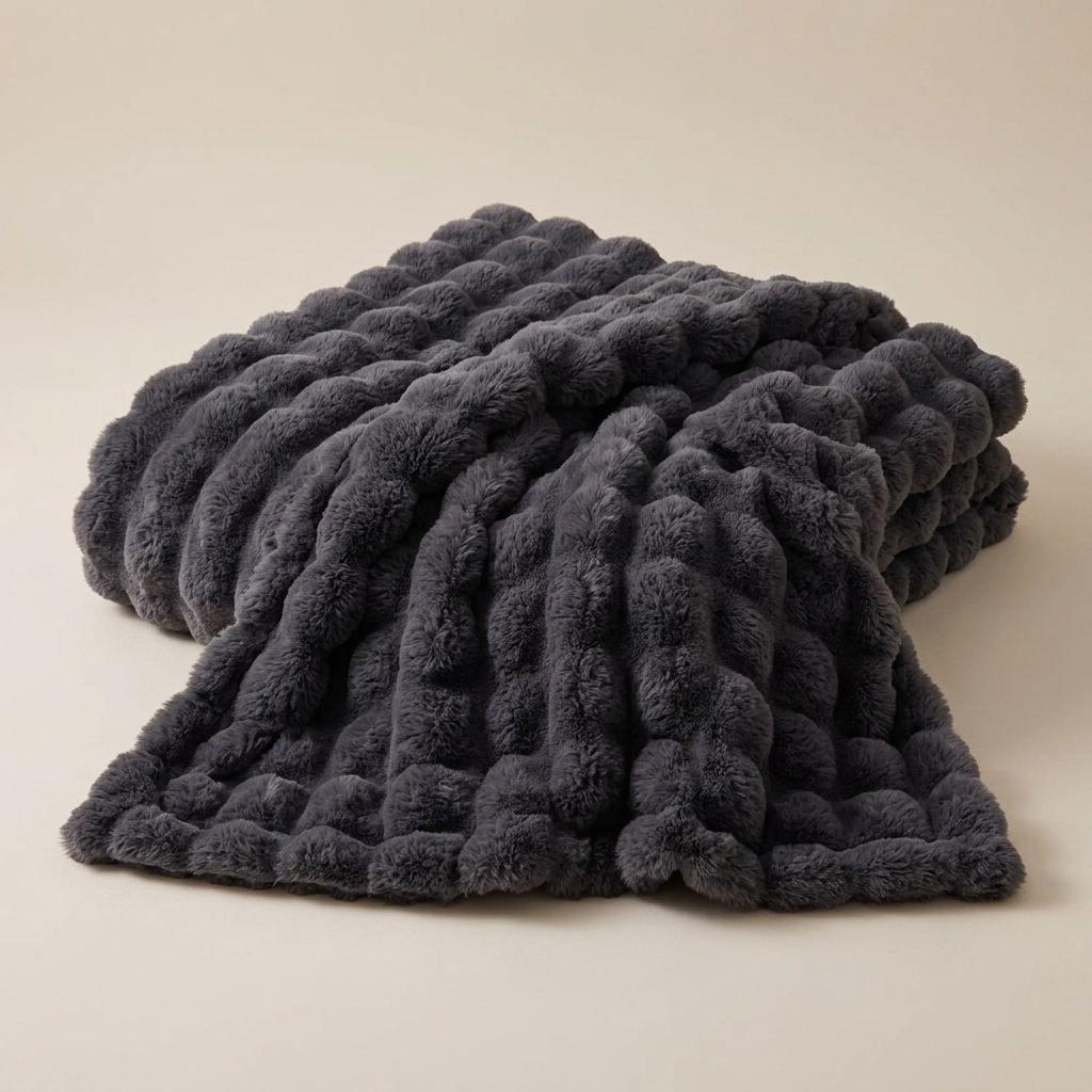 Dark gray bubble-textured plush blanket laid in soft folds on a neutral background 14