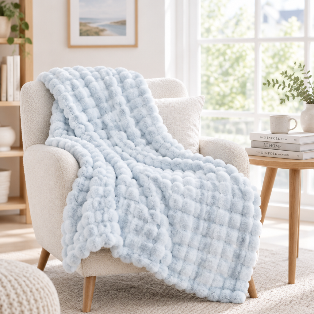 Pale blue plush bubble-textured throw draped over a cream armchair near a window and side table 17