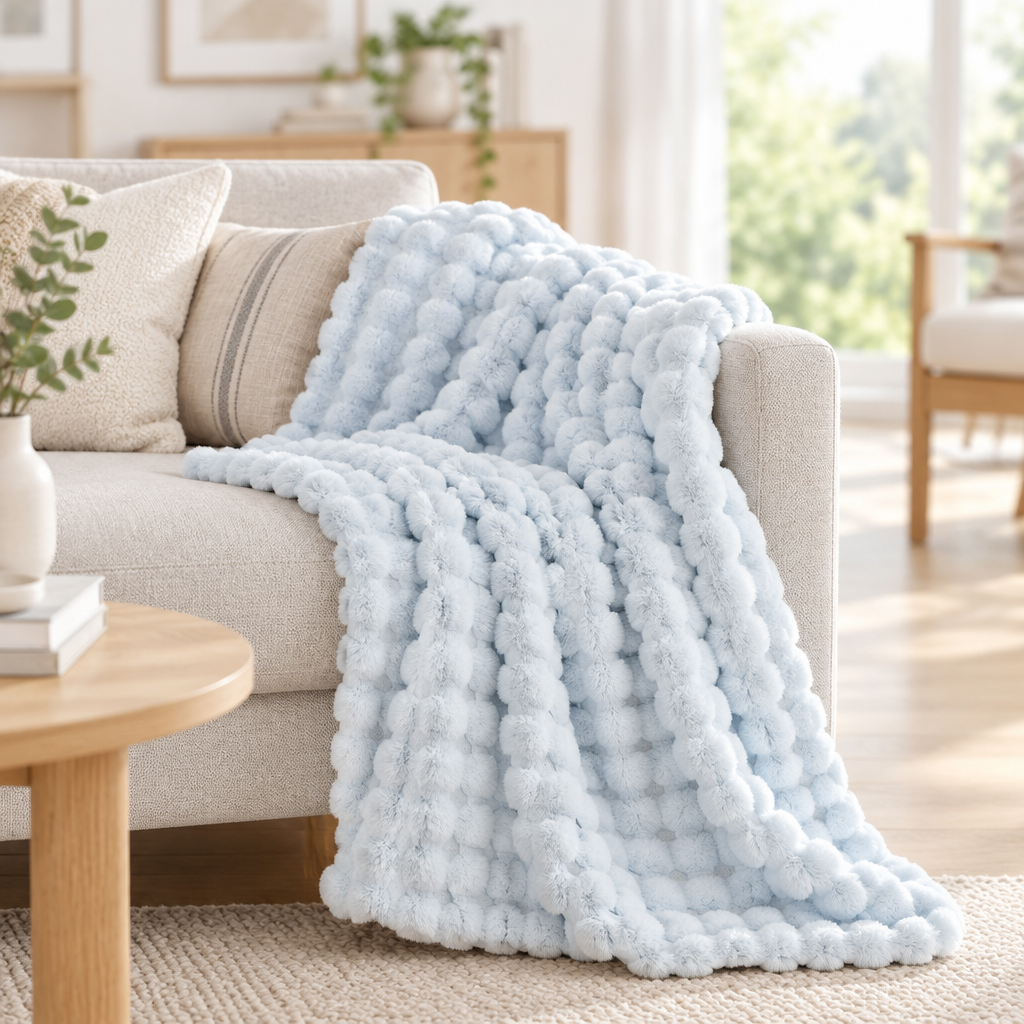 Light blue bubble-textured plush blanket draped over a beige sofa beside a wooden side table 16