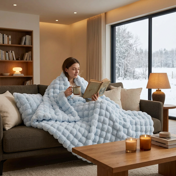 Woman reading and sipping from a mug on a sofa, wrapped in a light blue plush bubble-textured throw 1