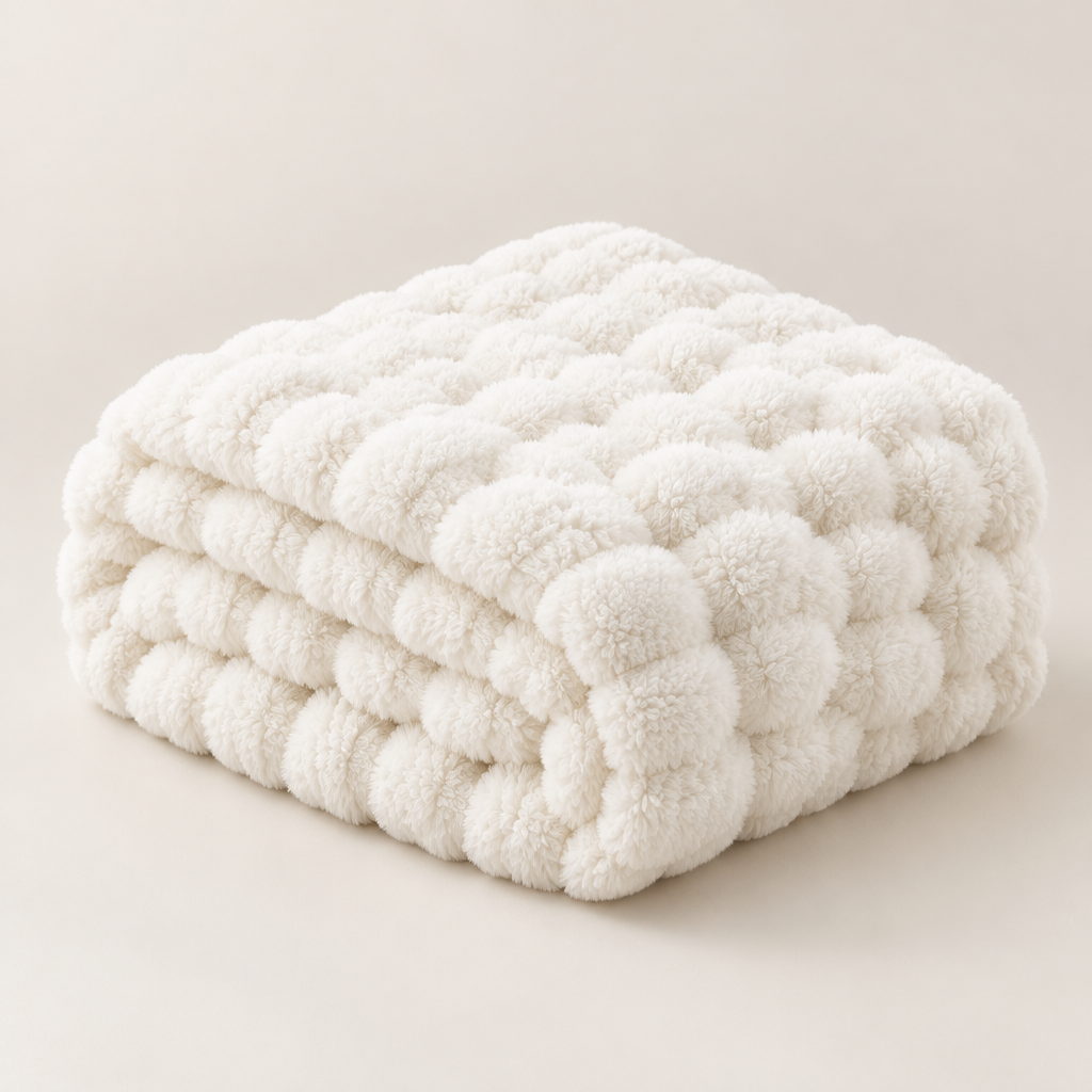 Cream white plush blanket folded in a thick stack with fluffy bubble texture on a plain background 16