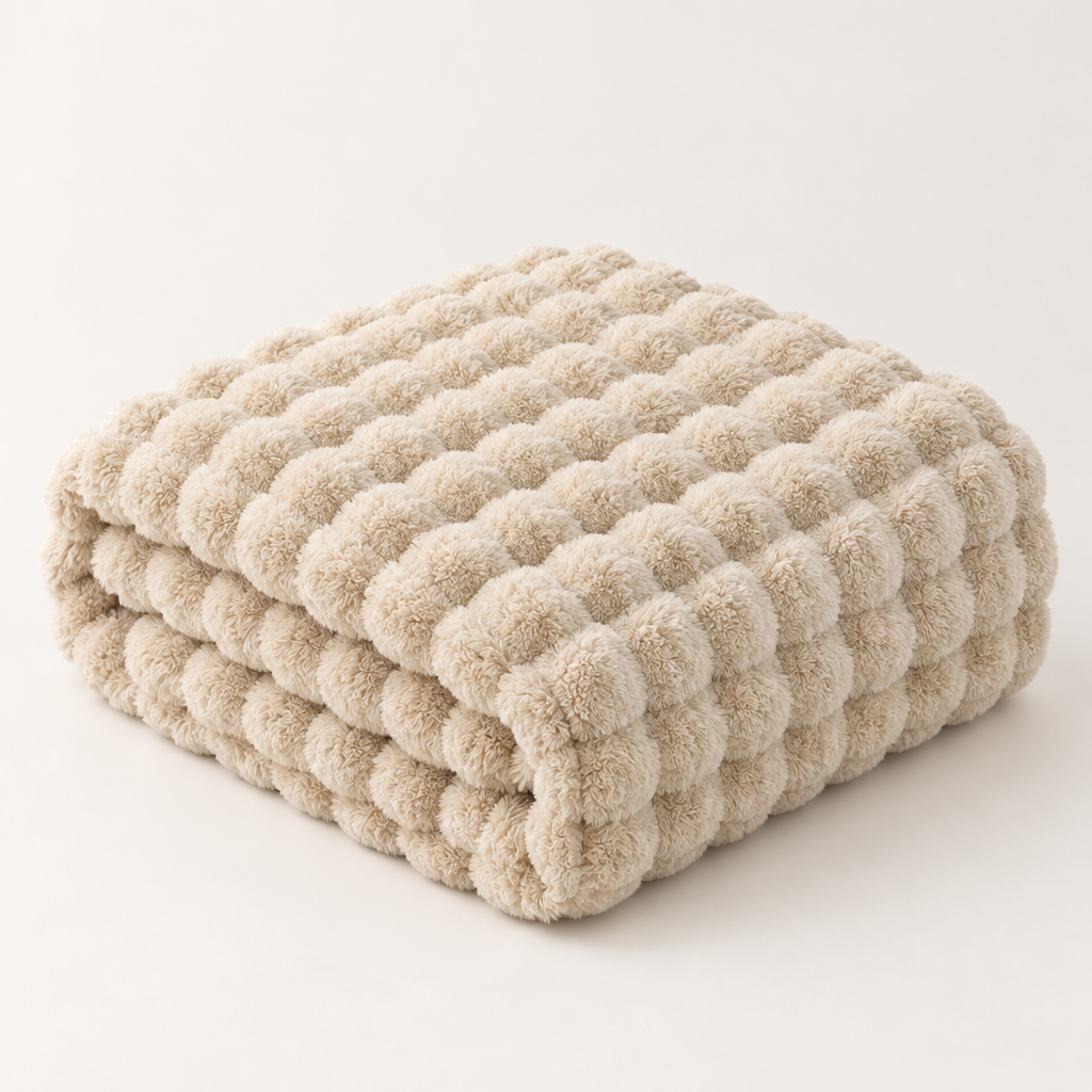 Beige bubble-textured plush blanket folded in a neat stack on a plain background 13
