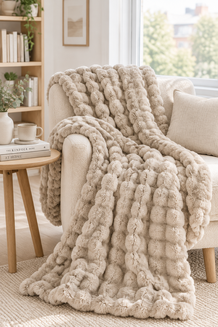 Beige plush bubble-textured throw draped over a cream armchair beside a wooden side table and bookshelf 13